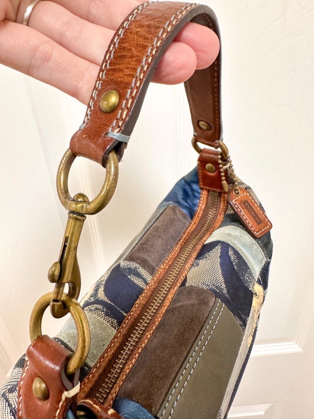 Coach Denim Patchwork Demi Bag Blue Multi Leather Trim Baguette Vintage Y2K - Picture 8 of 14
